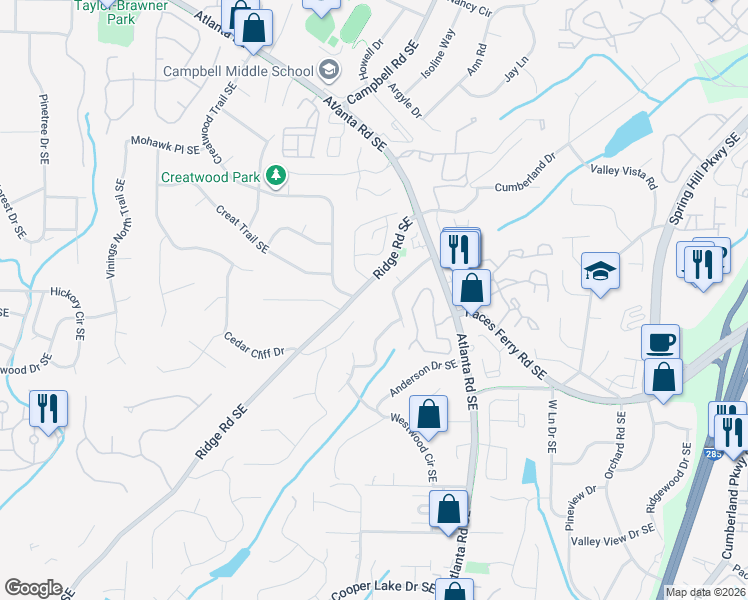 map of restaurants, bars, coffee shops, grocery stores, and more near 3612 Carson Lane Southeast in Smyrna