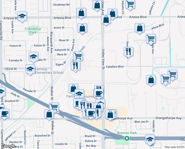 map of restaurants, bars, coffee shops, grocery stores, and more near 6565 Valley View Street in La Palma