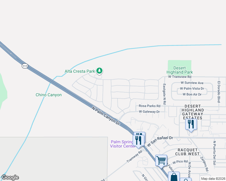 map of restaurants, bars, coffee shops, grocery stores, and more near 993 Alta Ridge in Palm Springs