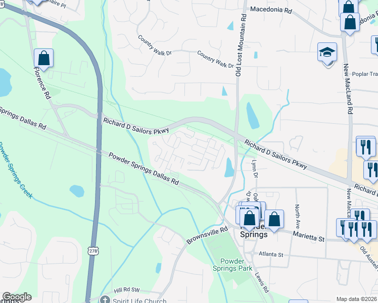 map of restaurants, bars, coffee shops, grocery stores, and more near 4547 Silver Springs Boulevard in Powder Springs