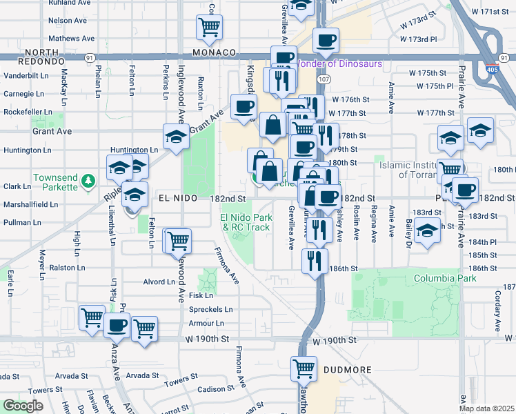 map of restaurants, bars, coffee shops, grocery stores, and more near 18225 Kingsdale Avenue in Redondo Beach