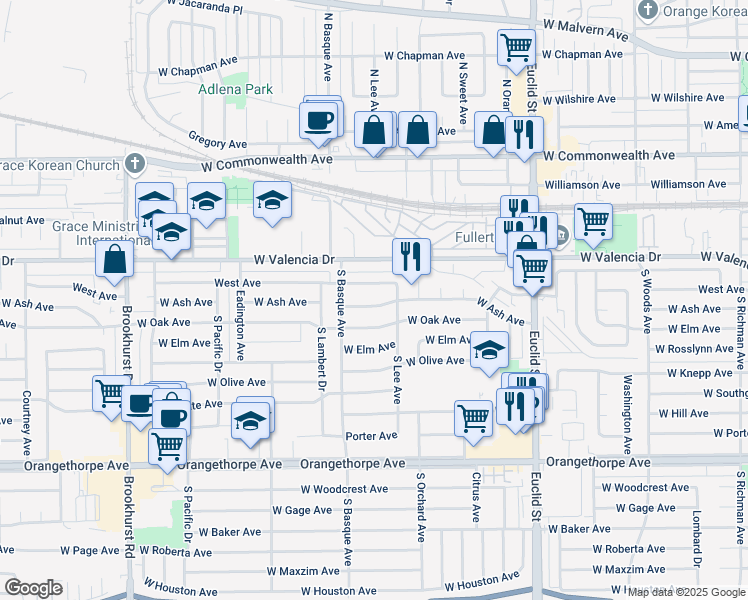 map of restaurants, bars, coffee shops, grocery stores, and more near 1348 West Avenue in Fullerton