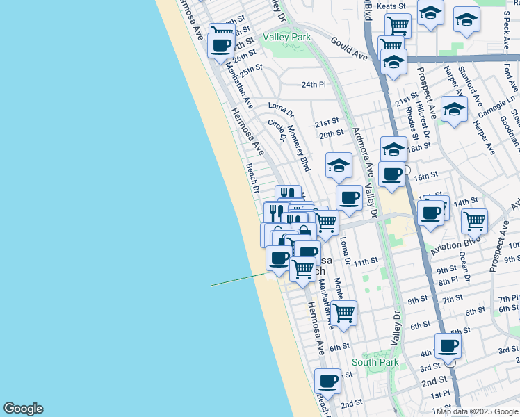 map of restaurants, bars, coffee shops, grocery stores, and more near 1614 The Strand in Hermosa Beach