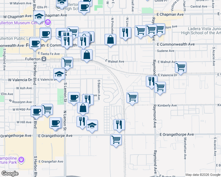 map of restaurants, bars, coffee shops, grocery stores, and more near 8 Ash Via in Anaheim