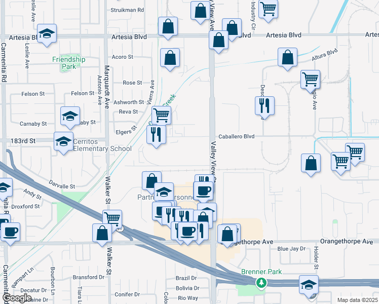 map of restaurants, bars, coffee shops, grocery stores, and more near 6565 Valley View Street in La Palma