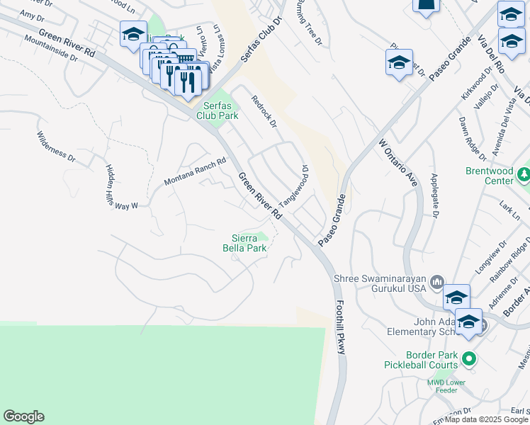 map of restaurants, bars, coffee shops, grocery stores, and more near 2275 Del Mar Way in Corona