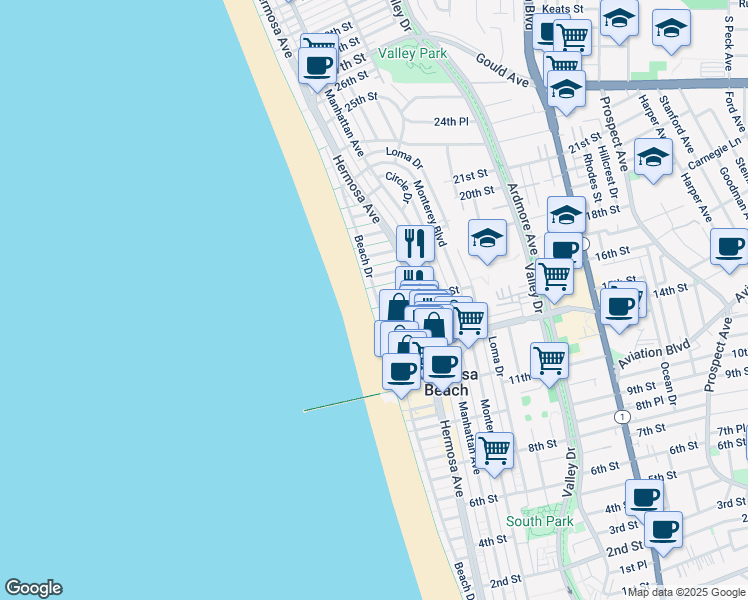 map of restaurants, bars, coffee shops, grocery stores, and more near 1614 The Strand in Hermosa Beach