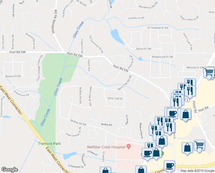 map of restaurants, bars, coffee shops, grocery stores, and more near 1778 Merry Oak Road Southwest in Marietta