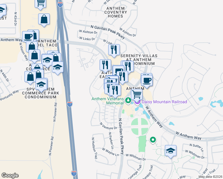 map of restaurants, bars, coffee shops, grocery stores, and more near 3655 West Anthem Way in Anthem