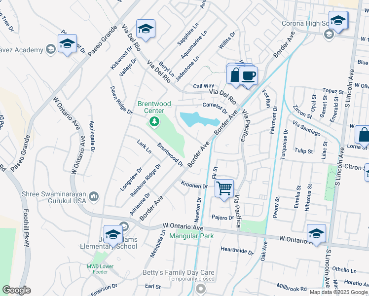 map of restaurants, bars, coffee shops, grocery stores, and more near 1554 Border Avenue in Corona