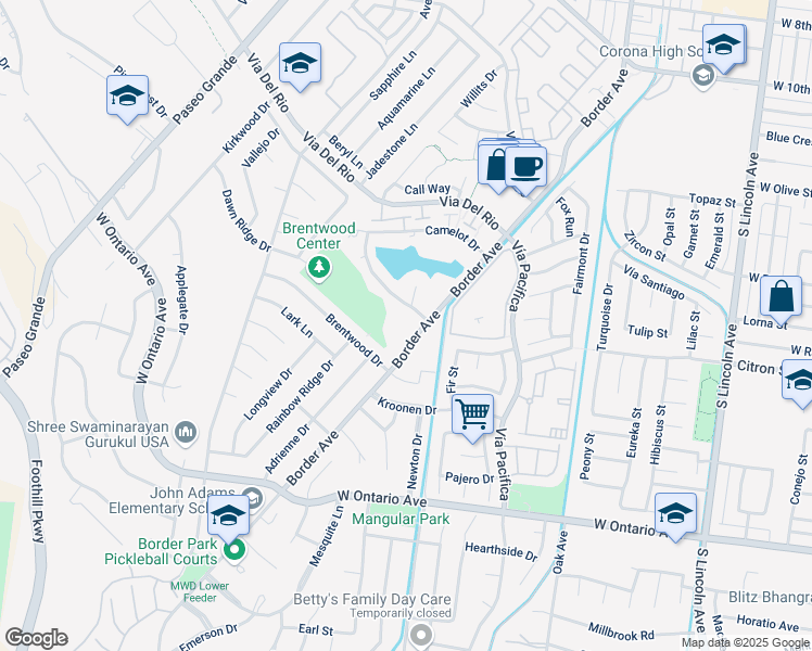 map of restaurants, bars, coffee shops, grocery stores, and more near 1518 Border Avenue in Corona
