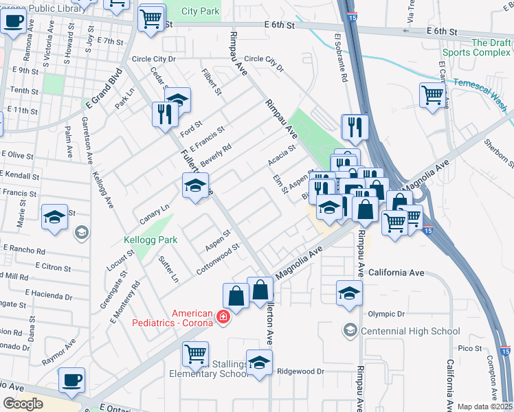 map of restaurants, bars, coffee shops, grocery stores, and more near 965 Aspen Street in Corona