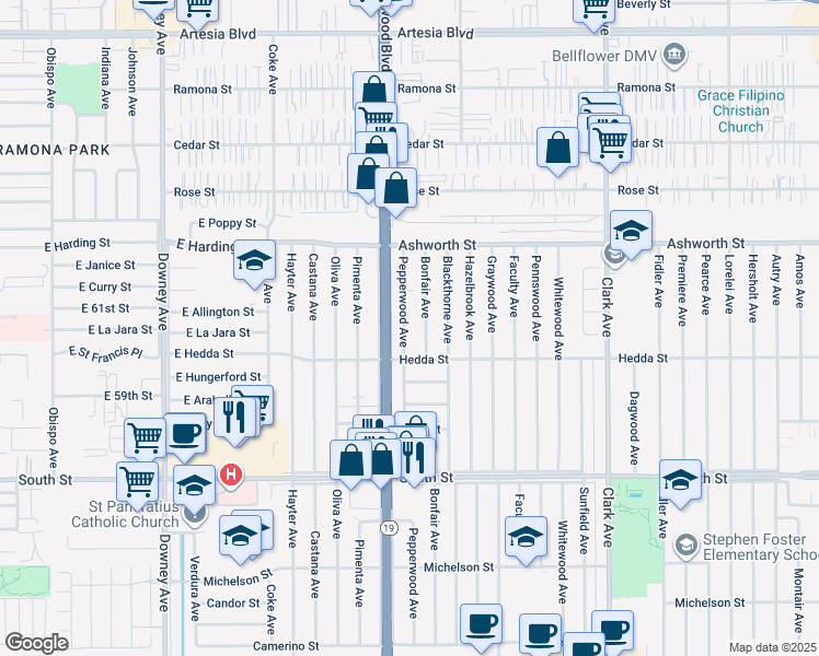 map of restaurants, bars, coffee shops, grocery stores, and more near 6034 Pepperwood Avenue in Lakewood