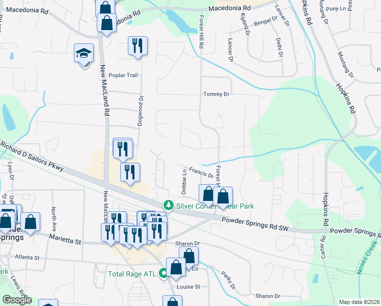map of restaurants, bars, coffee shops, grocery stores, and more near 3937 Buck Road in Powder Springs