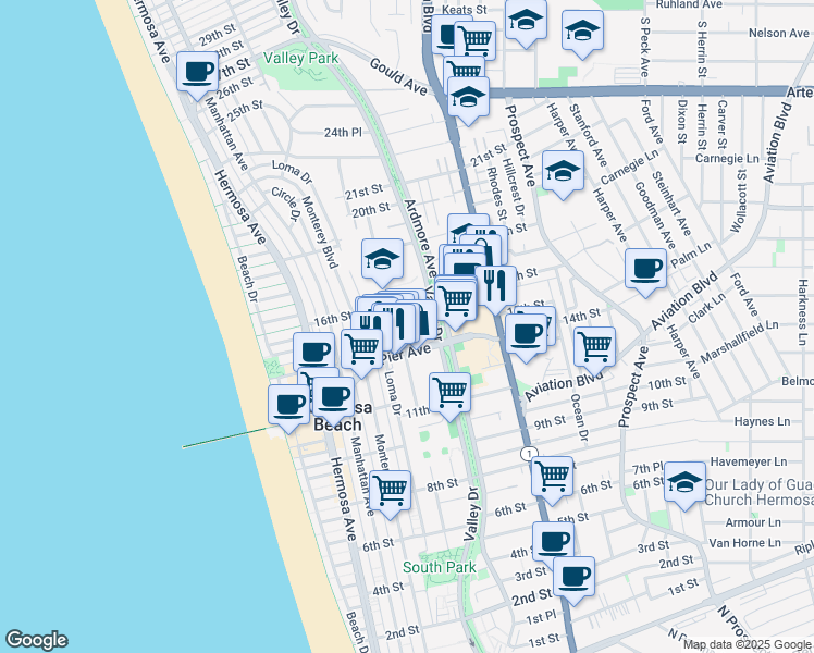 map of restaurants, bars, coffee shops, grocery stores, and more near 531 Pier Avenue in Hermosa Beach