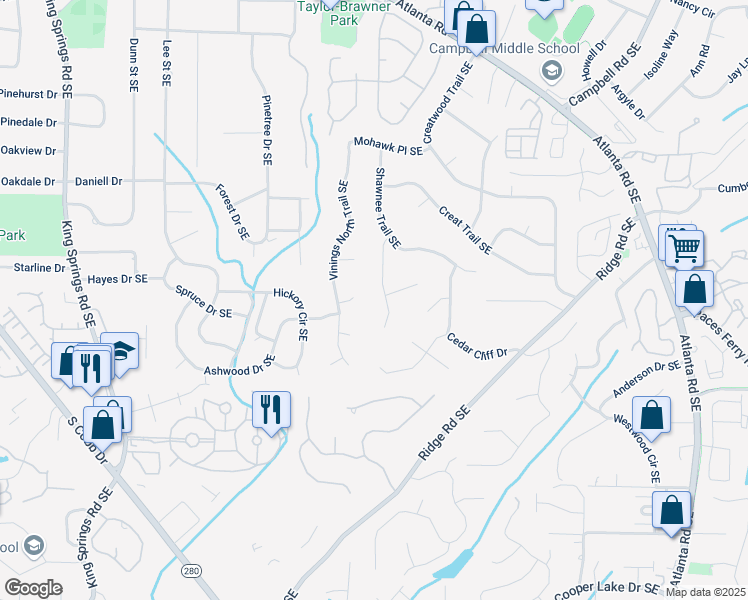 map of restaurants, bars, coffee shops, grocery stores, and more near 3516 Cedar Valley Drive in Smyrna