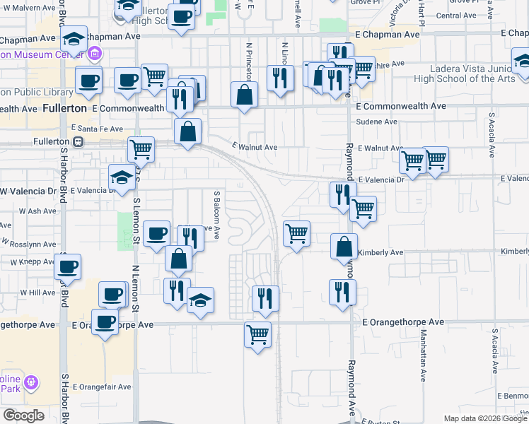 map of restaurants, bars, coffee shops, grocery stores, and more near 7 Magnolia Via in Anaheim
