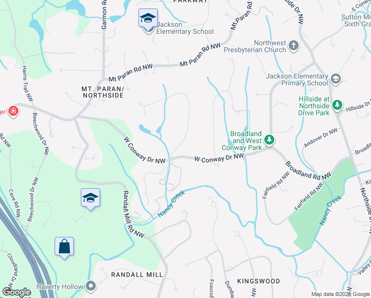 map of restaurants, bars, coffee shops, grocery stores, and more near 4041 Conway Valley Road Northwest in Atlanta