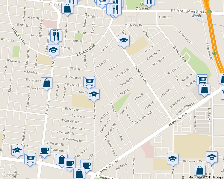 map of restaurants, bars, coffee shops, grocery stores, and more near 745 Beverly Road in Corona
