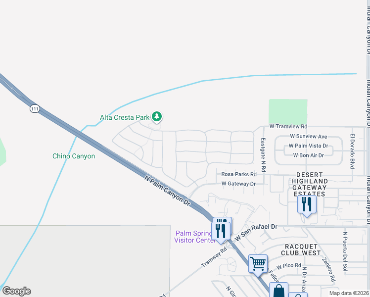 map of restaurants, bars, coffee shops, grocery stores, and more near 972 Mira Grande in Palm Springs