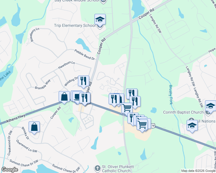 map of restaurants, bars, coffee shops, grocery stores, and more near 2945 Rosebud Road in Loganville