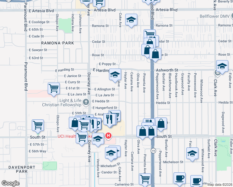 map of restaurants, bars, coffee shops, grocery stores, and more near 3819 East La Jara Street in Long Beach