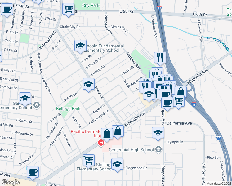 map of restaurants, bars, coffee shops, grocery stores, and more near 965 Aspen Street in Corona