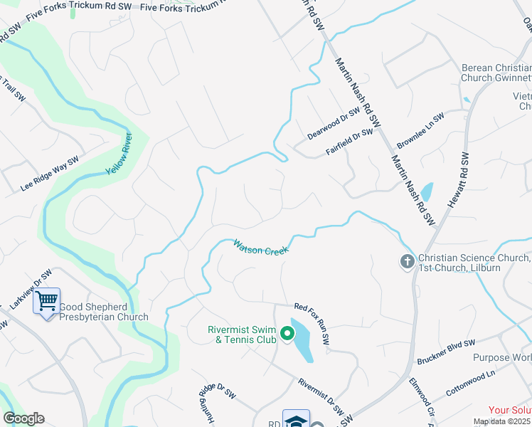 map of restaurants, bars, coffee shops, grocery stores, and more near 3527 Starwood Trail Southwest in Lilburn