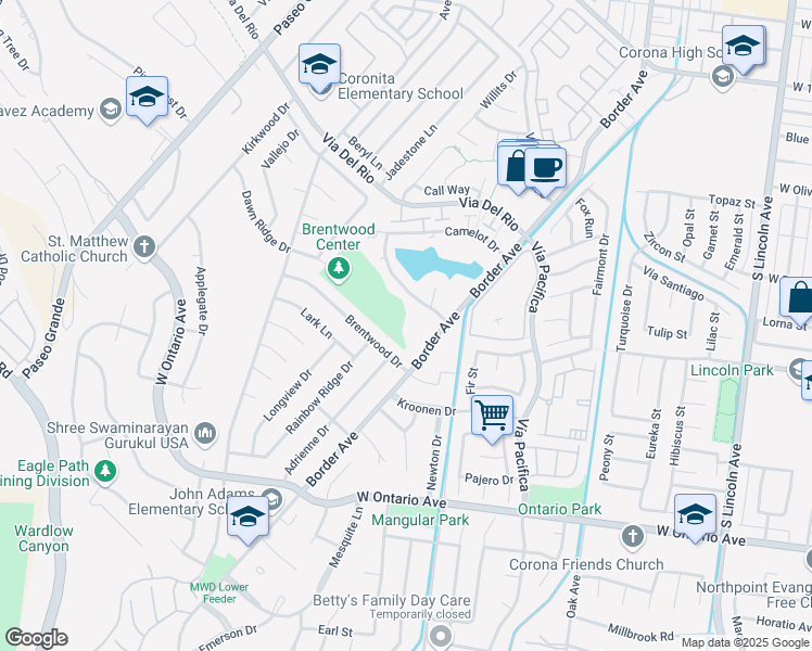 map of restaurants, bars, coffee shops, grocery stores, and more near 1554 Border Avenue in Corona