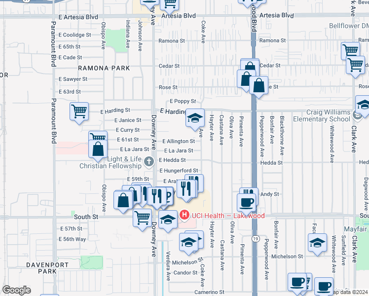 map of restaurants, bars, coffee shops, grocery stores, and more near 3713 East La Jara Street in Long Beach