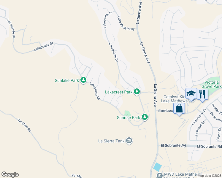 map of restaurants, bars, coffee shops, grocery stores, and more near 17586 Mountain Court in Riverside