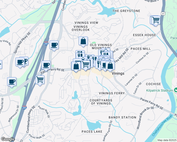 map of restaurants, bars, coffee shops, grocery stores, and more near 2810 Paces Ferry Road Southeast in Atlanta