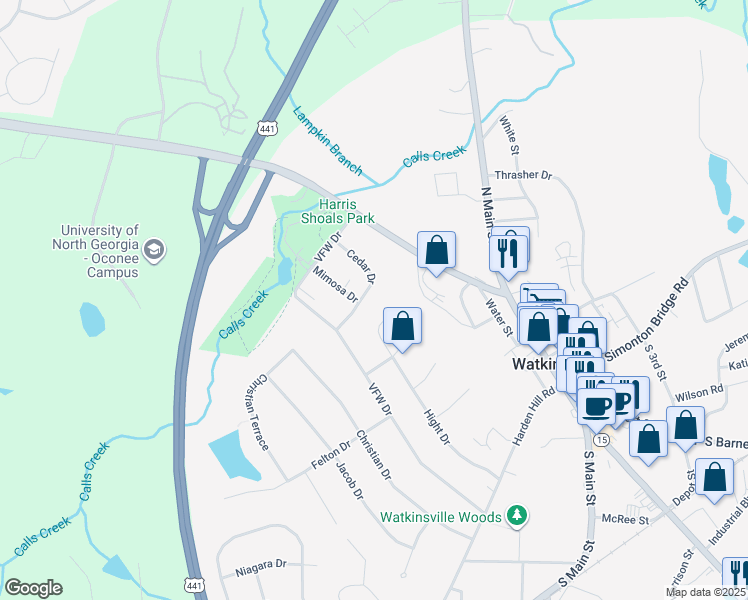 map of restaurants, bars, coffee shops, grocery stores, and more near 78 Cedar Drive in Watkinsville