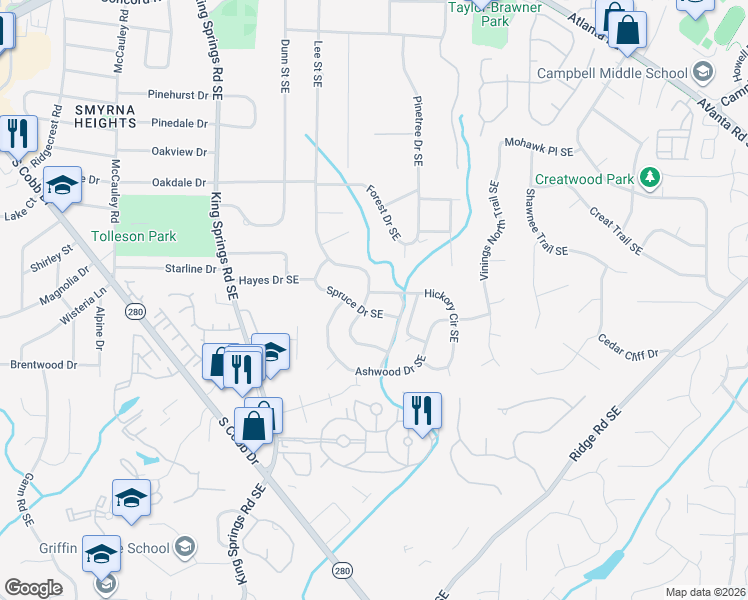 map of restaurants, bars, coffee shops, grocery stores, and more near 3565 Hickory Circle Southeast in Smyrna