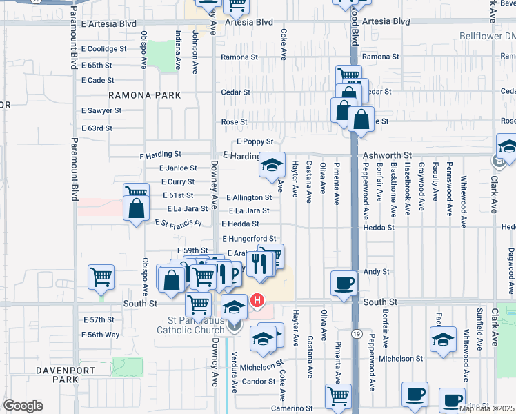 map of restaurants, bars, coffee shops, grocery stores, and more near 3713 East La Jara Street in Long Beach