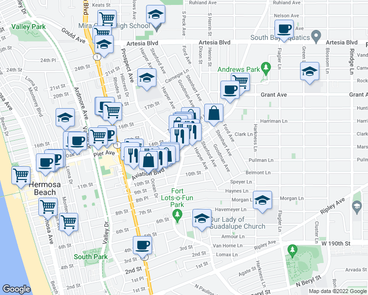 map of restaurants, bars, coffee shops, grocery stores, and more near 1101 Aviation Boulevard in Hermosa Beach