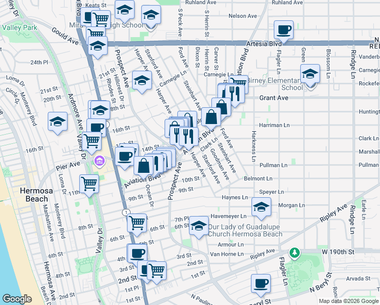map of restaurants, bars, coffee shops, grocery stores, and more near 1212 Aviation Boulevard in Redondo Beach