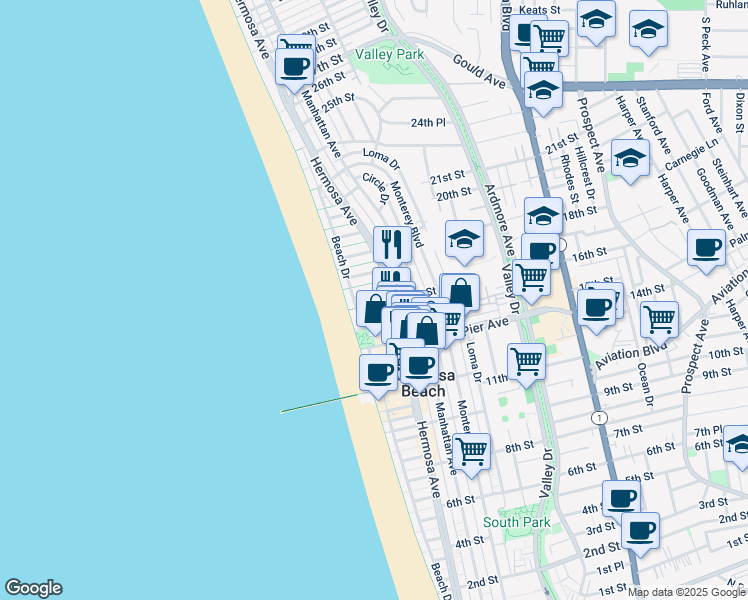 map of restaurants, bars, coffee shops, grocery stores, and more near 63 16th Street in Hermosa Beach