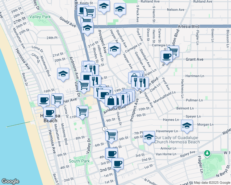 map of restaurants, bars, coffee shops, grocery stores, and more near 1401 Bonnie Brae Street in Hermosa Beach