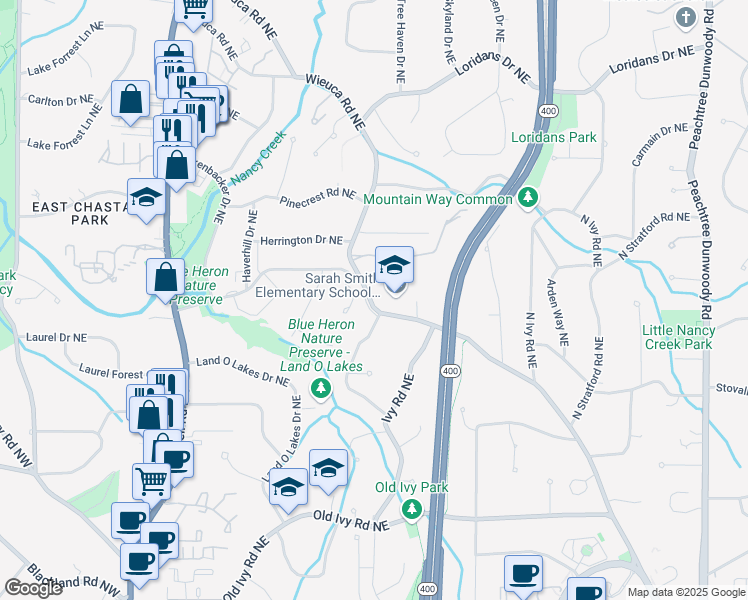 map of restaurants, bars, coffee shops, grocery stores, and more near 4165 Wieuca Road Northeast in Atlanta
