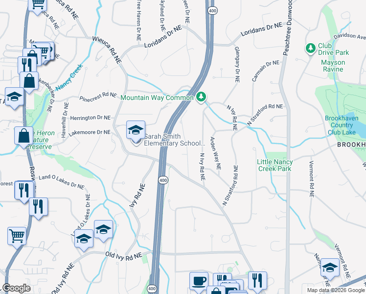 map of restaurants, bars, coffee shops, grocery stores, and more near 4044 Statewood Road Northeast in Atlanta