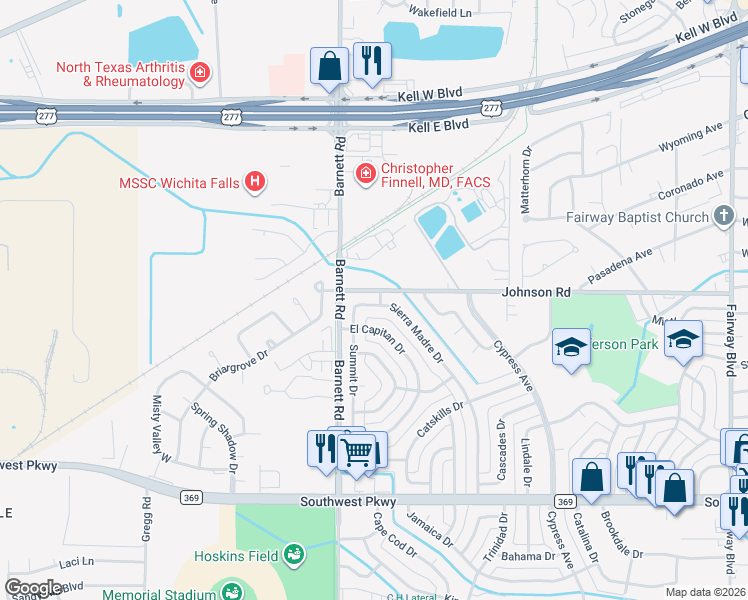 map of restaurants, bars, coffee shops, grocery stores, and more near 5306 Summit Drive in Wichita Falls