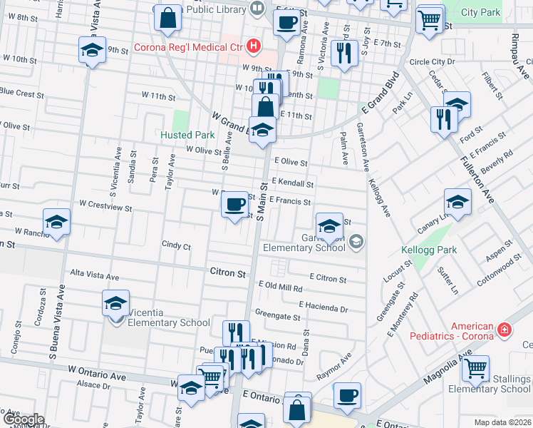 map of restaurants, bars, coffee shops, grocery stores, and more near 116 East Francis Street in Corona