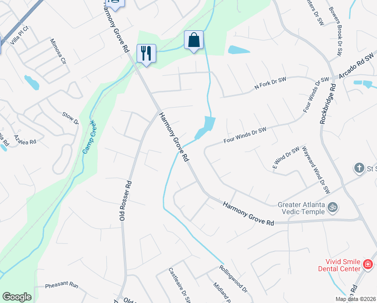 map of restaurants, bars, coffee shops, grocery stores, and more near 5758 Four Winds Drive Southwest in Lilburn