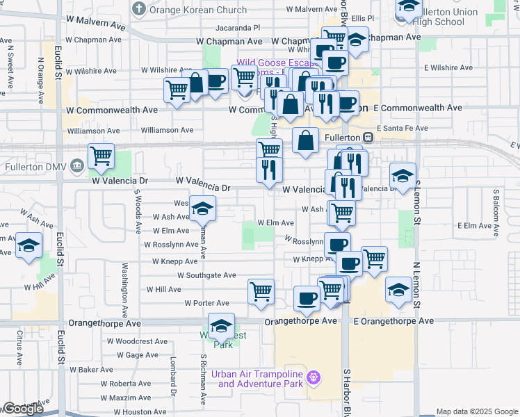 map of restaurants, bars, coffee shops, grocery stores, and more near 524 South Ford Avenue in Fullerton