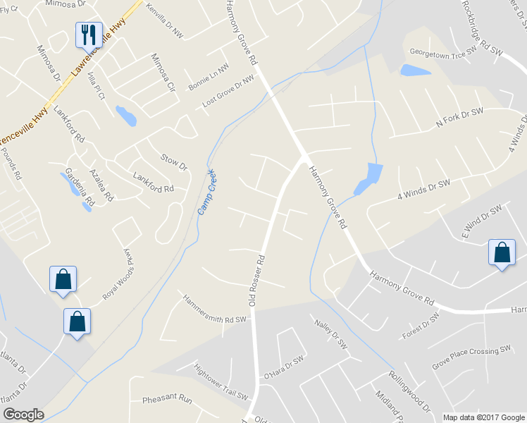 map of restaurants, bars, coffee shops, grocery stores, and more near 5811 Covered Wagon Trail Southwest in Lilburn