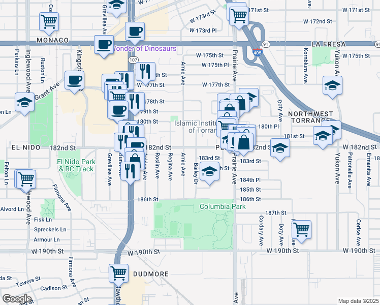 map of restaurants, bars, coffee shops, grocery stores, and more near 4160 West 182nd Street in Torrance