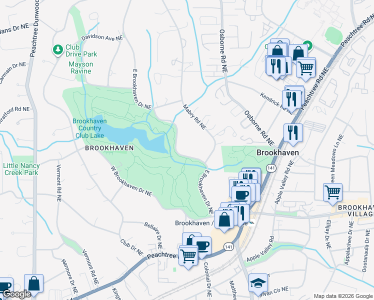 map of restaurants, bars, coffee shops, grocery stores, and more near 4000 East Brookhaven Drive Northeast in Atlanta