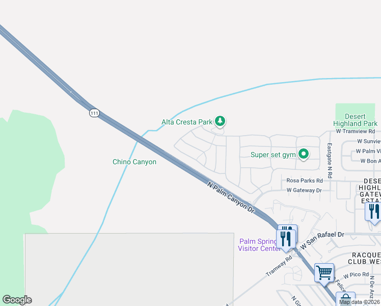 map of restaurants, bars, coffee shops, grocery stores, and more near 1231 Palmas Ridge in Palm Springs