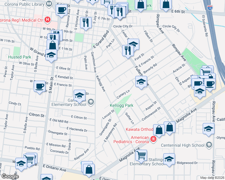 map of restaurants, bars, coffee shops, grocery stores, and more near 1268 Mulberry Lane in Corona